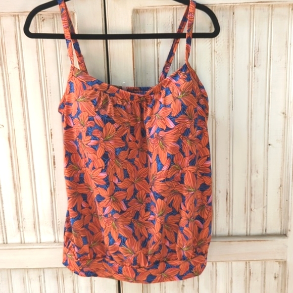 Lands End, orange and blue Lily pattern Blouson tankini top. 14 - Picture 1 of 10
